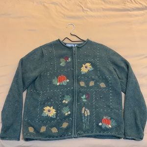 Vintage Knit Embroidered Autumn Zip-Up Sweater